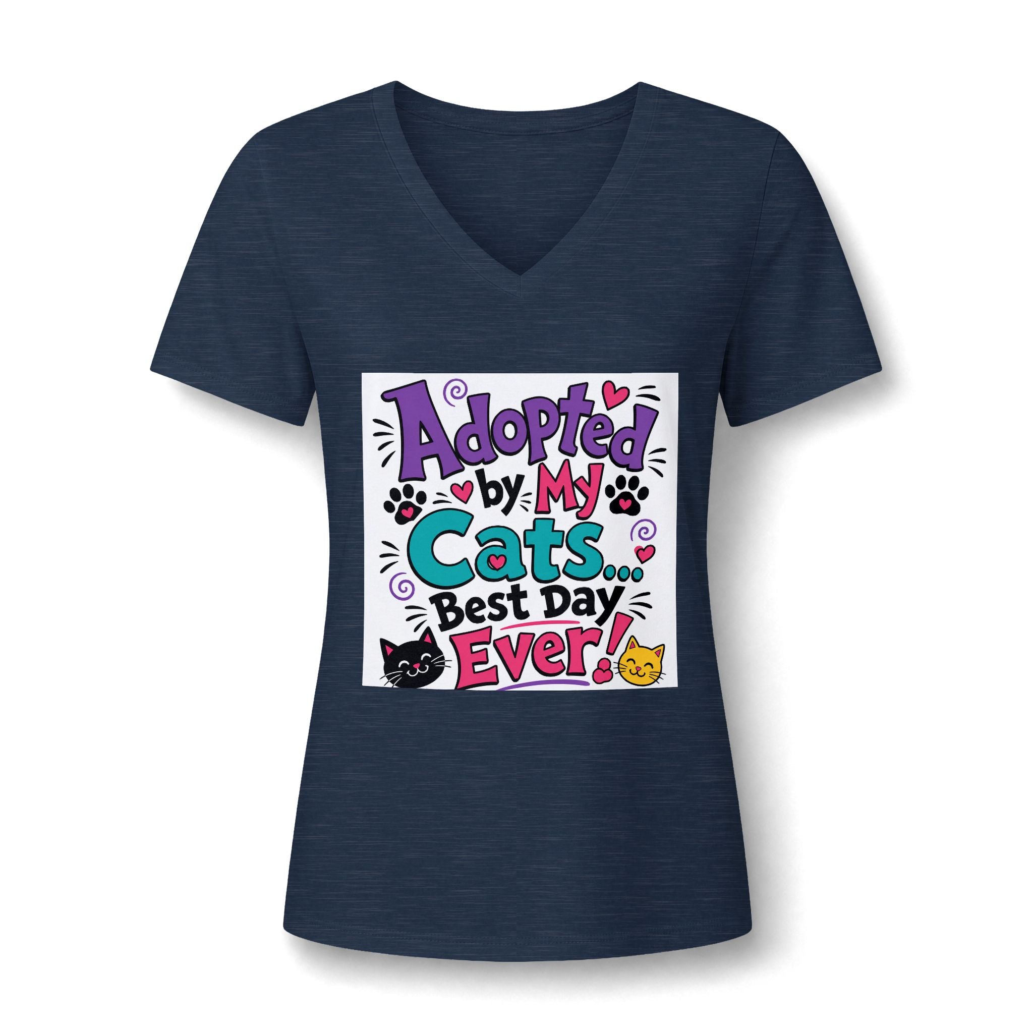 Adopted by My Cats V-Neck Tee — "Best Day Ever" Cat Mom Shirt