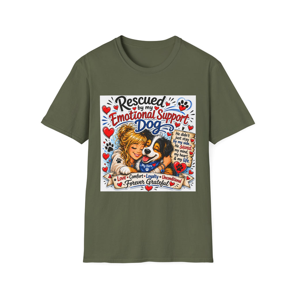 Emotional Support Dog T-Shirt — "Rescued by My Emotional Support Dog" Graphic Tee