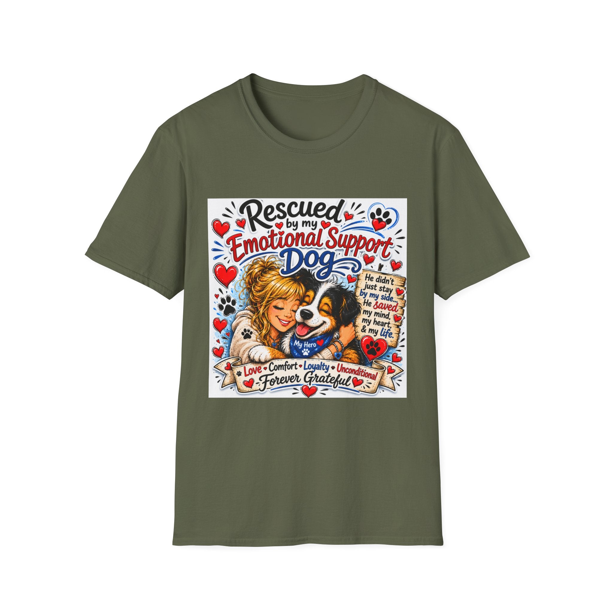 Emotional Support Dog T-Shirt — "Rescued by My Emotional Support Dog" Graphic Tee