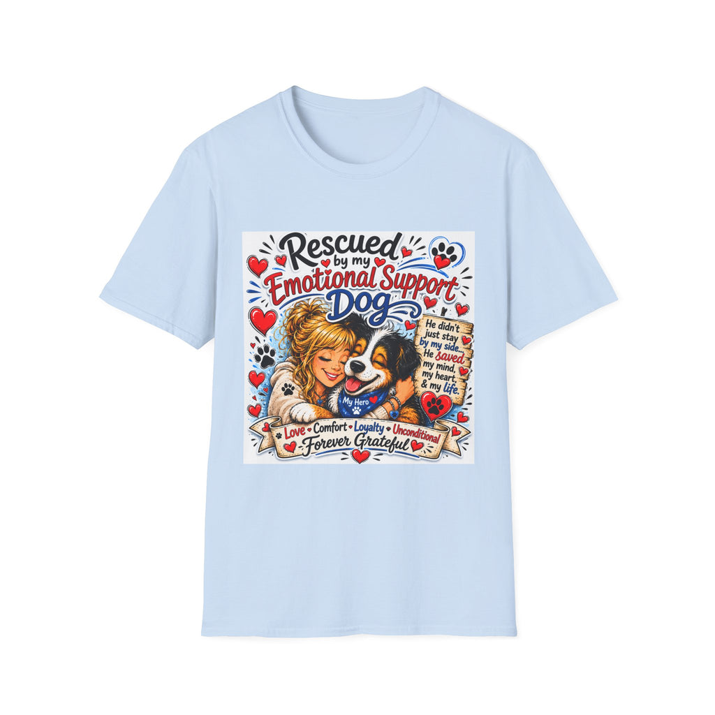 Emotional Support Dog T-Shirt — "Rescued by My Emotional Support Dog" Graphic Tee